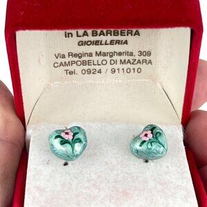 Handmade Italian Enamel Heart Earrings With Pink Flowers In Velvet Box